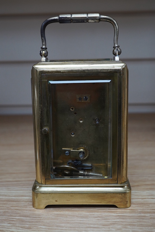 A 19th century French gorge cased carriage clock with original early lever escapement, c.1880, and enamel dial, with key, 16cm high. Condition - dial poor, untested